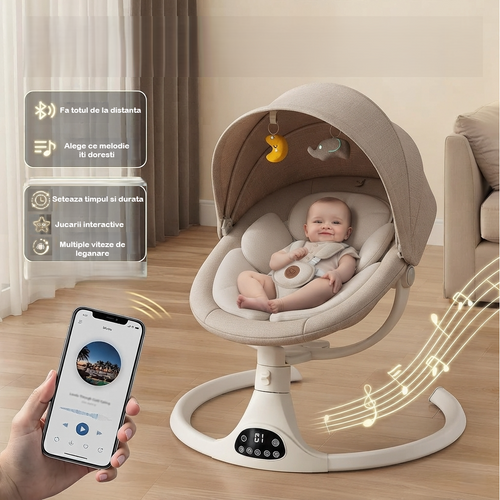 Balansoar electric ergonomic pentru bebeluși cu legănare automată | Telecomandă, Bluetooth, Copertină, Temporizator și Centură de Siguranță