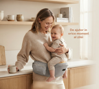 Suport ergonomic pentru copii tip borsetă cu compartiment de depozitare și curea reglabilă