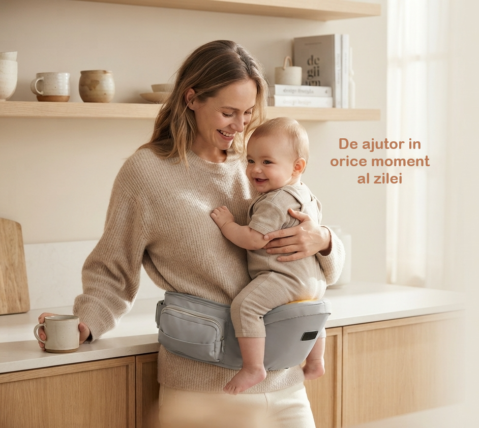 Suport ergonomic pentru copii tip borsetă cu compartiment de depozitare și curea reglabilă