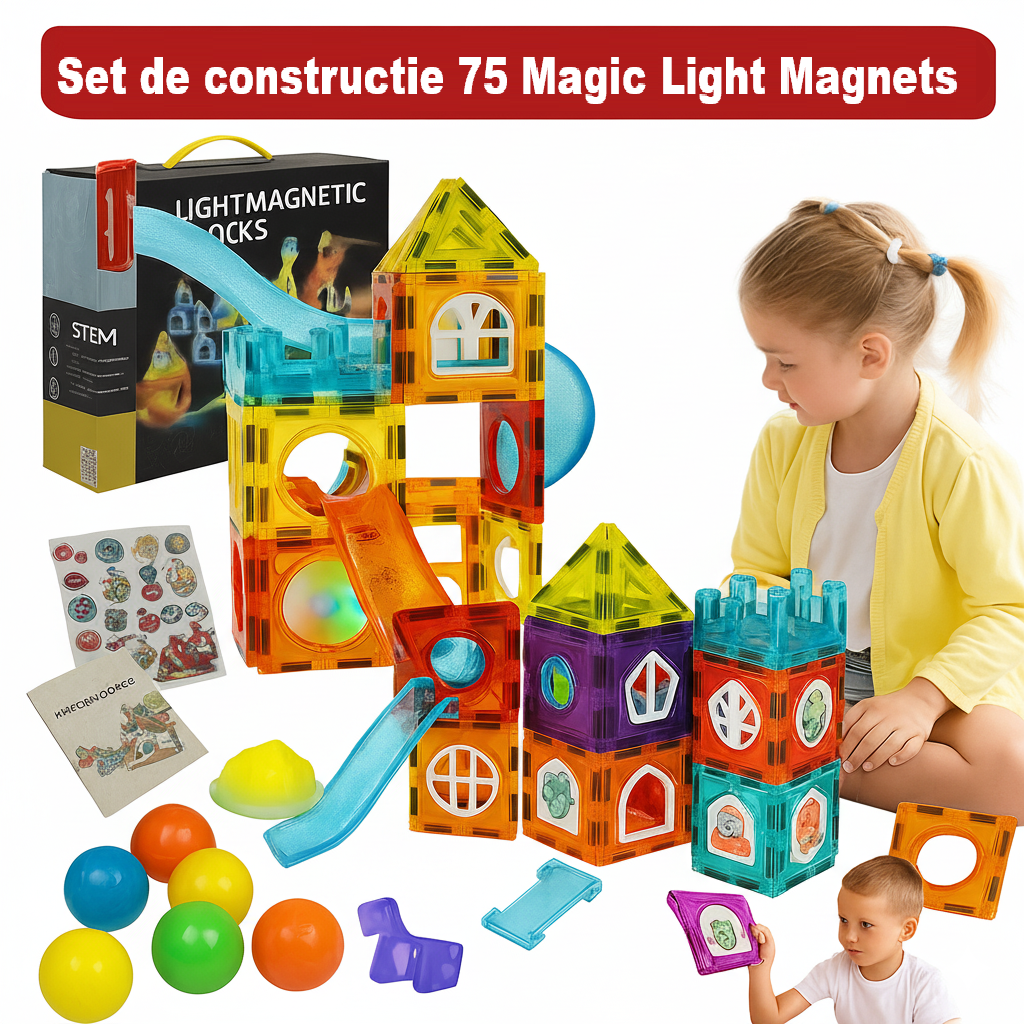 Set XL Magnetic Light Blocks 75 piese – Constructii Luminoase cu Bile Glow, Tuburi Magnetice si Elemente STEM