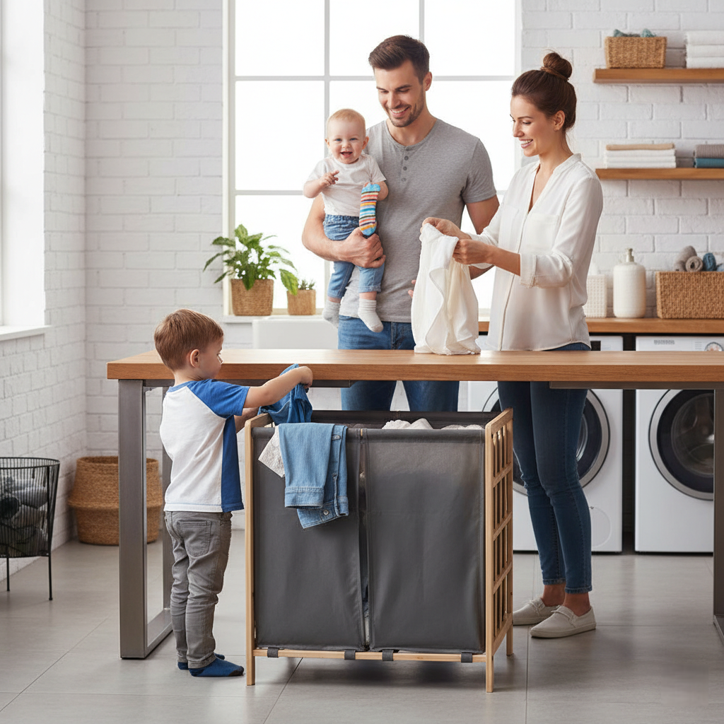 Cos de rufe dublu XXL din lemn, cu 2 compartimente – 68 L