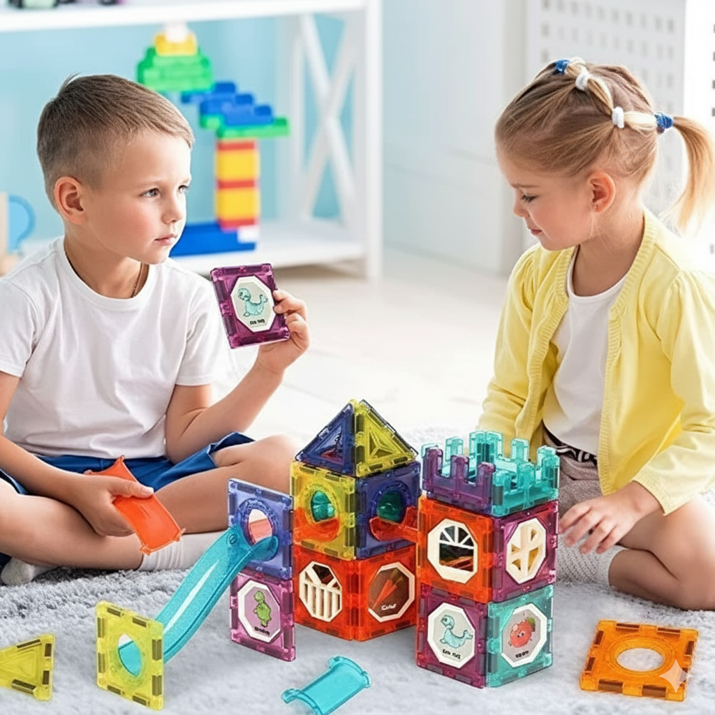 Set XL Magnetic Light Blocks 75 piese – Constructii Luminoase cu Bile Glow, Tuburi Magnetice si Elemente STEM