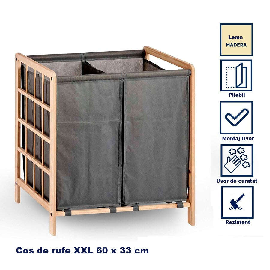 Cos de rufe dublu XXL din lemn, cu 2 compartimente – 68 L