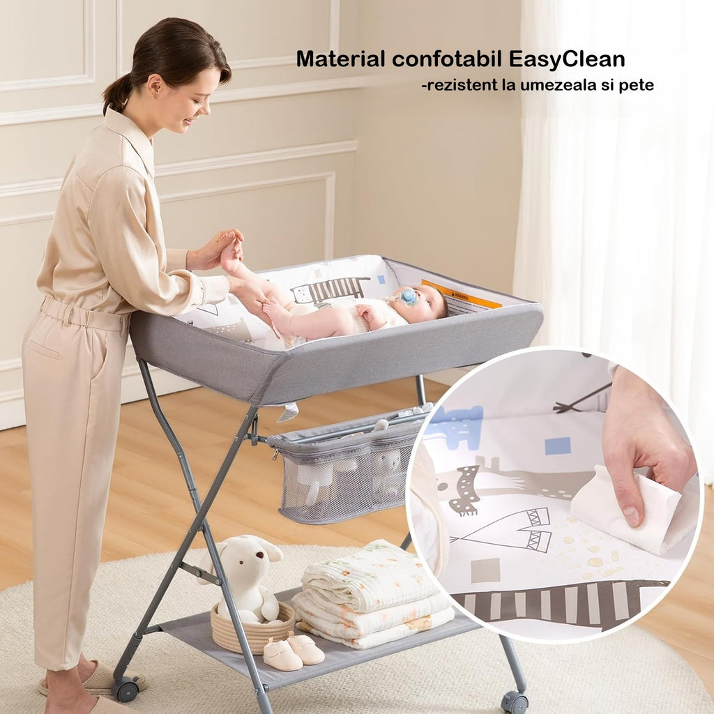 Masă de infășat ergonomica pentru bebeluși cu raft depozitare, organizator pentru scutece si suport pentru hăinuțe