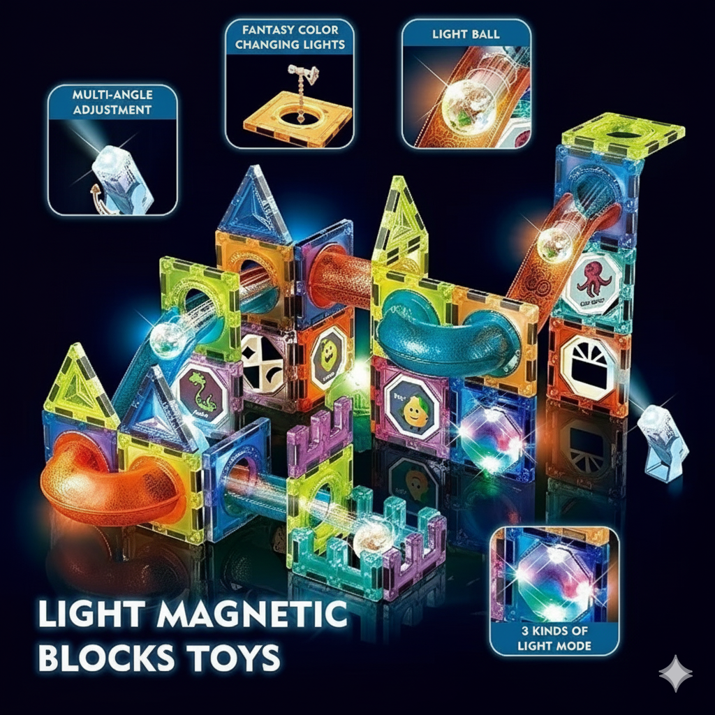 Set XL Magnetic Light Blocks 75 piese – Constructii Luminoase cu Bile Glow, Tuburi Magnetice si Elemente STEM
