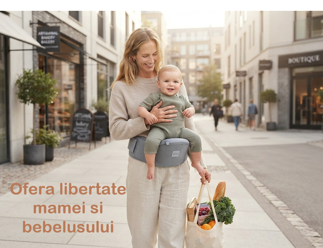 Suport ergonomic pentru copii tip borsetă cu compartiment de depozitare și curea reglabilă