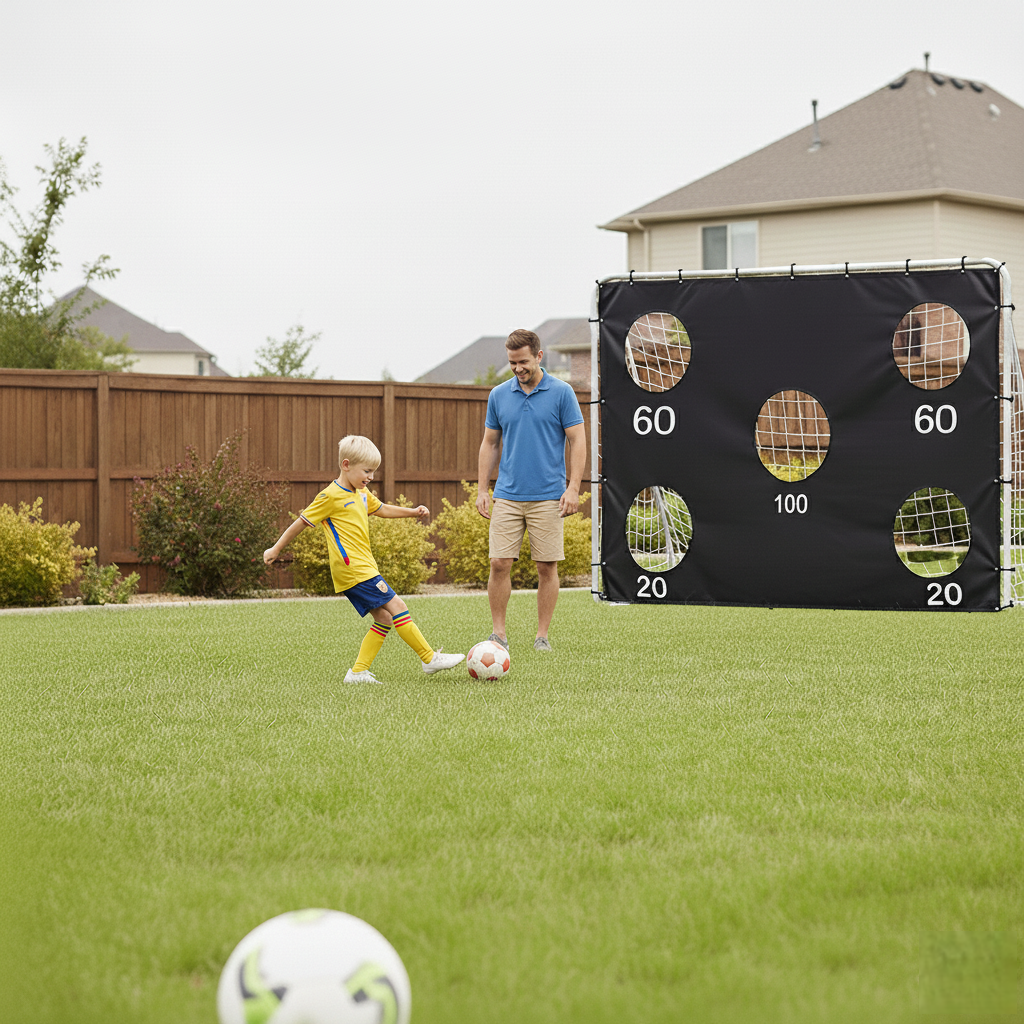 Poarta de fotbal XXL PROKickMaster Junior pentru copii 240x170x85 cm cu panou de tintire