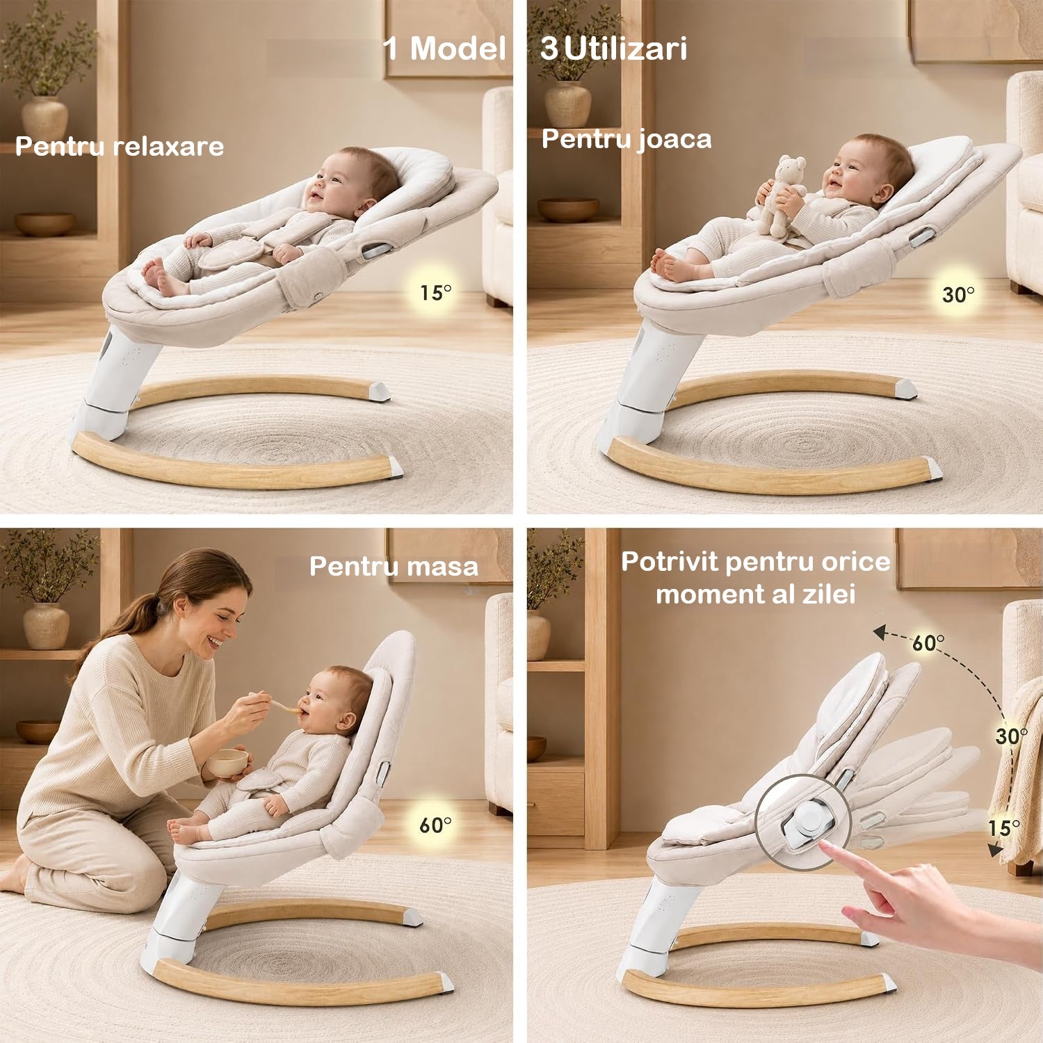 Balansoar electric ergonomic pentru bebeluși cu legănare automată | Telecomandă, Bluetooth, Copertină, Temporizator și Centură de Siguranță