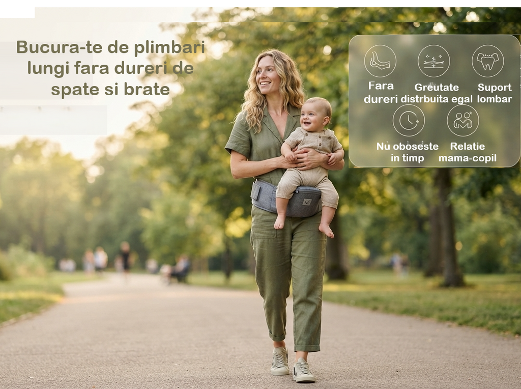 Suport ergonomic pentru copii tip borsetă cu compartiment de depozitare și curea reglabilă