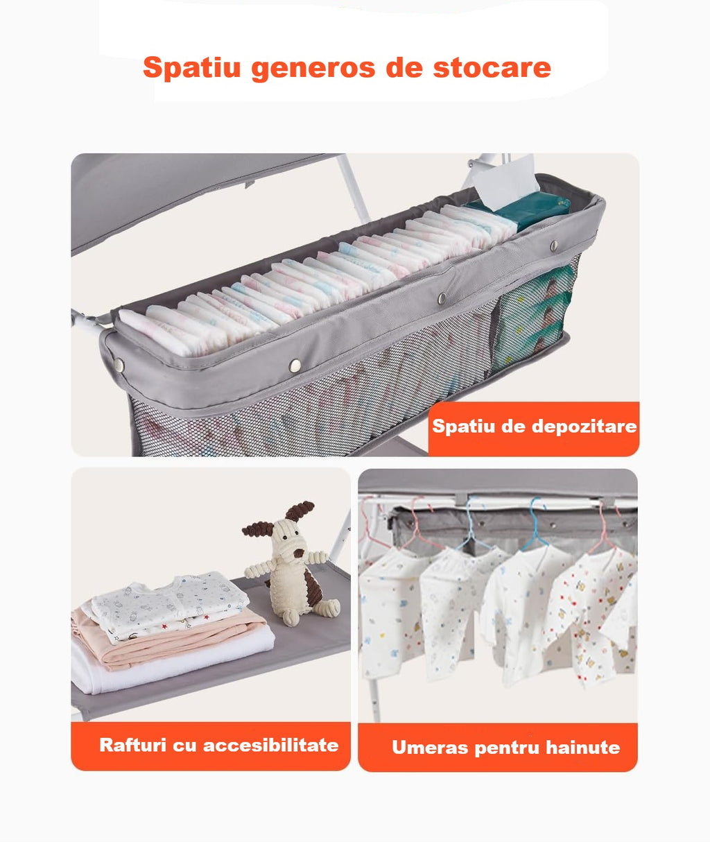 Masă de infășat ergonomica pentru bebeluși cu raft depozitare, organizator pentru scutece si suport pentru hăinuțe