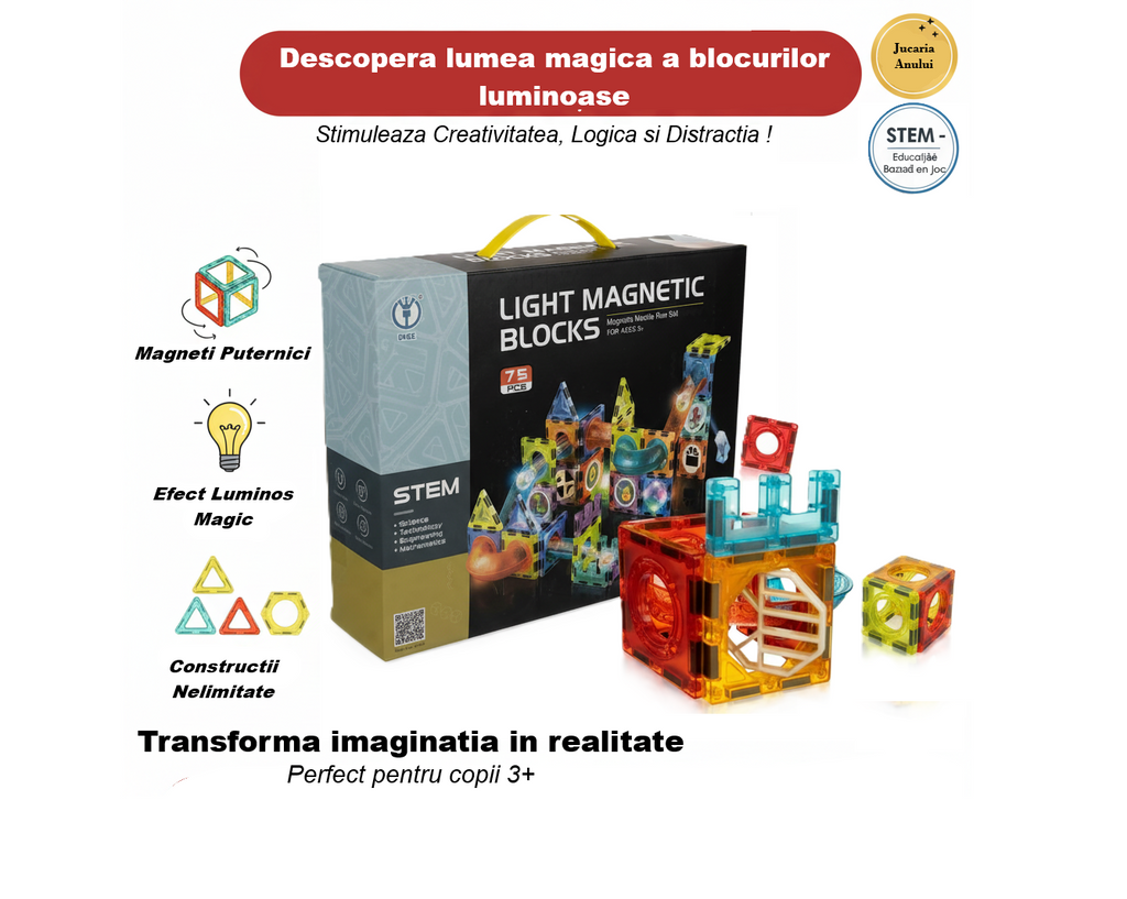Set XL Magnetic Light Blocks 75 piese – Constructii Luminoase cu Bile Glow, Tuburi Magnetice si Elemente STEM