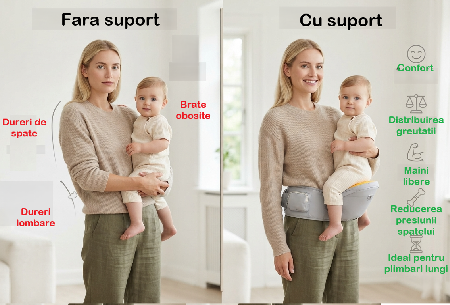 Suport ergonomic pentru copii tip borsetă cu compartiment de depozitare și curea reglabilă