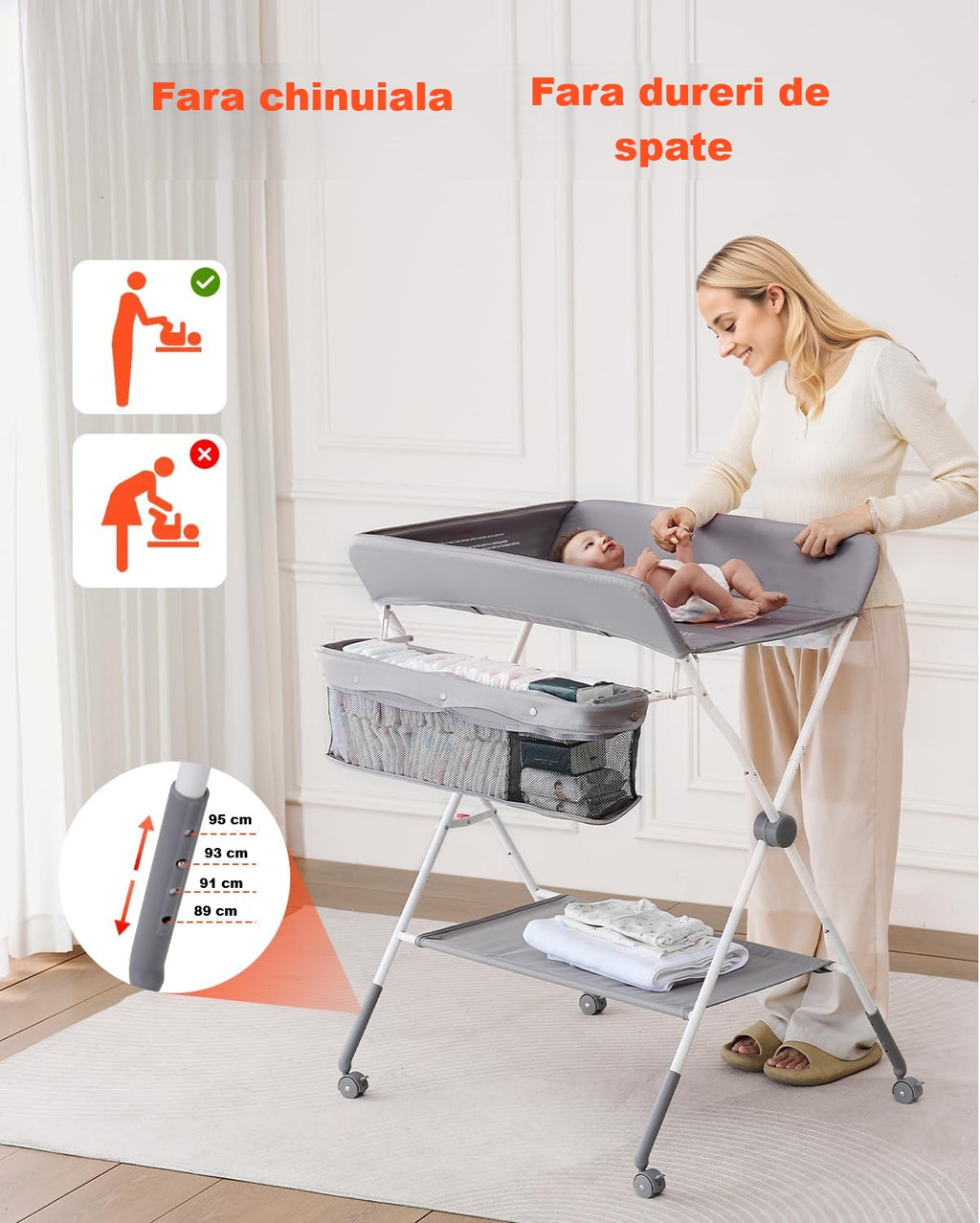 Masă de infășat ergonomica pentru bebeluși cu raft depozitare, organizator pentru scutece si suport pentru hăinuțe