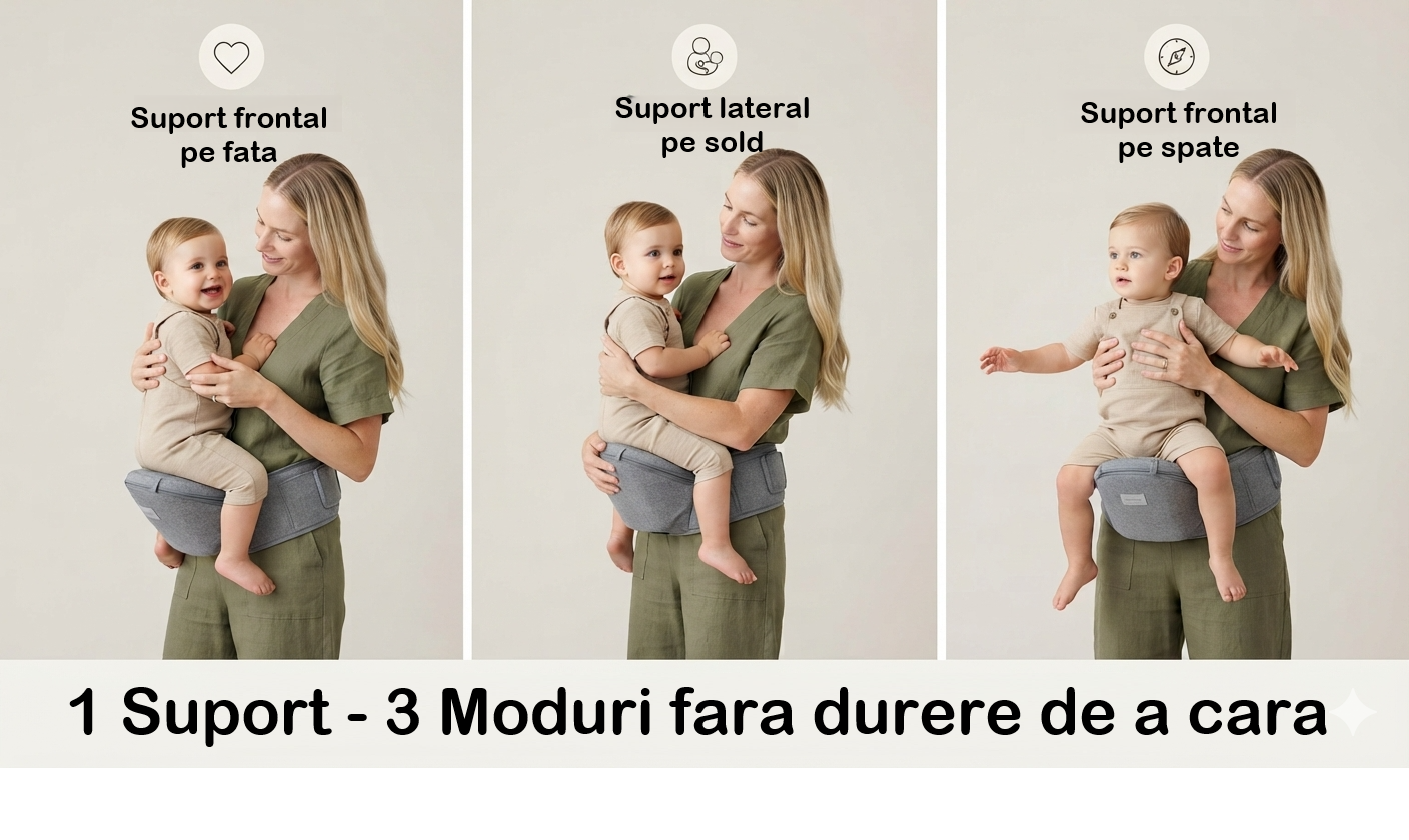 Suport ergonomic pentru copii tip borsetă cu compartiment de depozitare și curea reglabilă