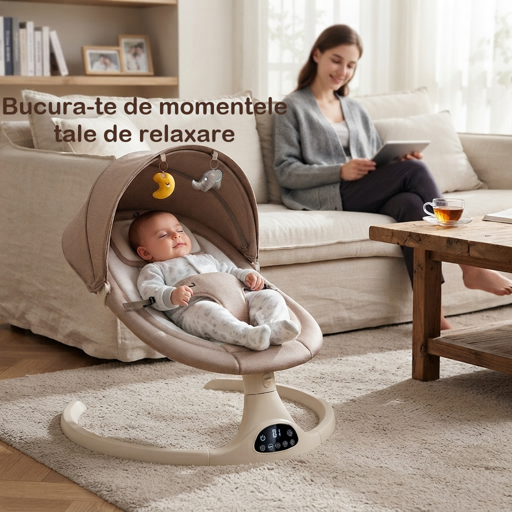 Balansoar electric ergonomic pentru bebeluși cu legănare automată | Telecomandă, Bluetooth, Copertină, Temporizator și Centură de Siguranță