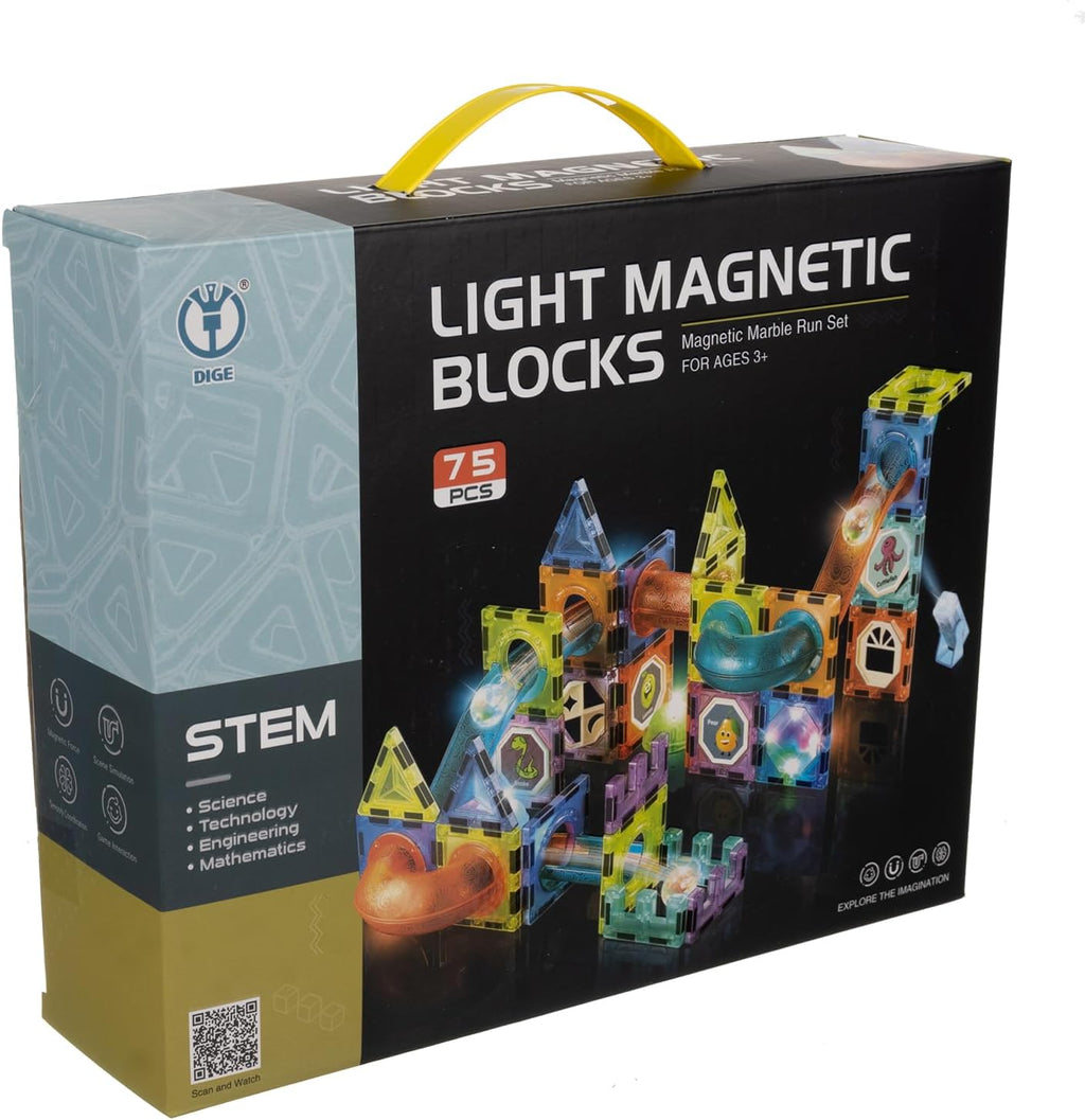 Set XL Magnetic Light Blocks 75 piese – Constructii Luminoase cu Bile Glow, Tuburi Magnetice si Elemente STEM