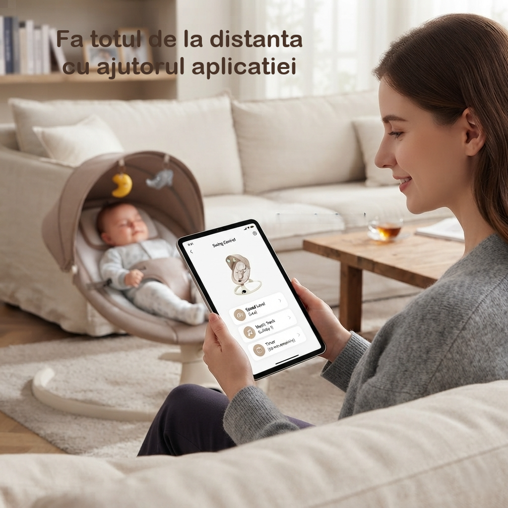 Balansoar electric ergonomic pentru bebeluși cu legănare automată | Telecomandă, Bluetooth, Copertină, Temporizator și Centură de Siguranță