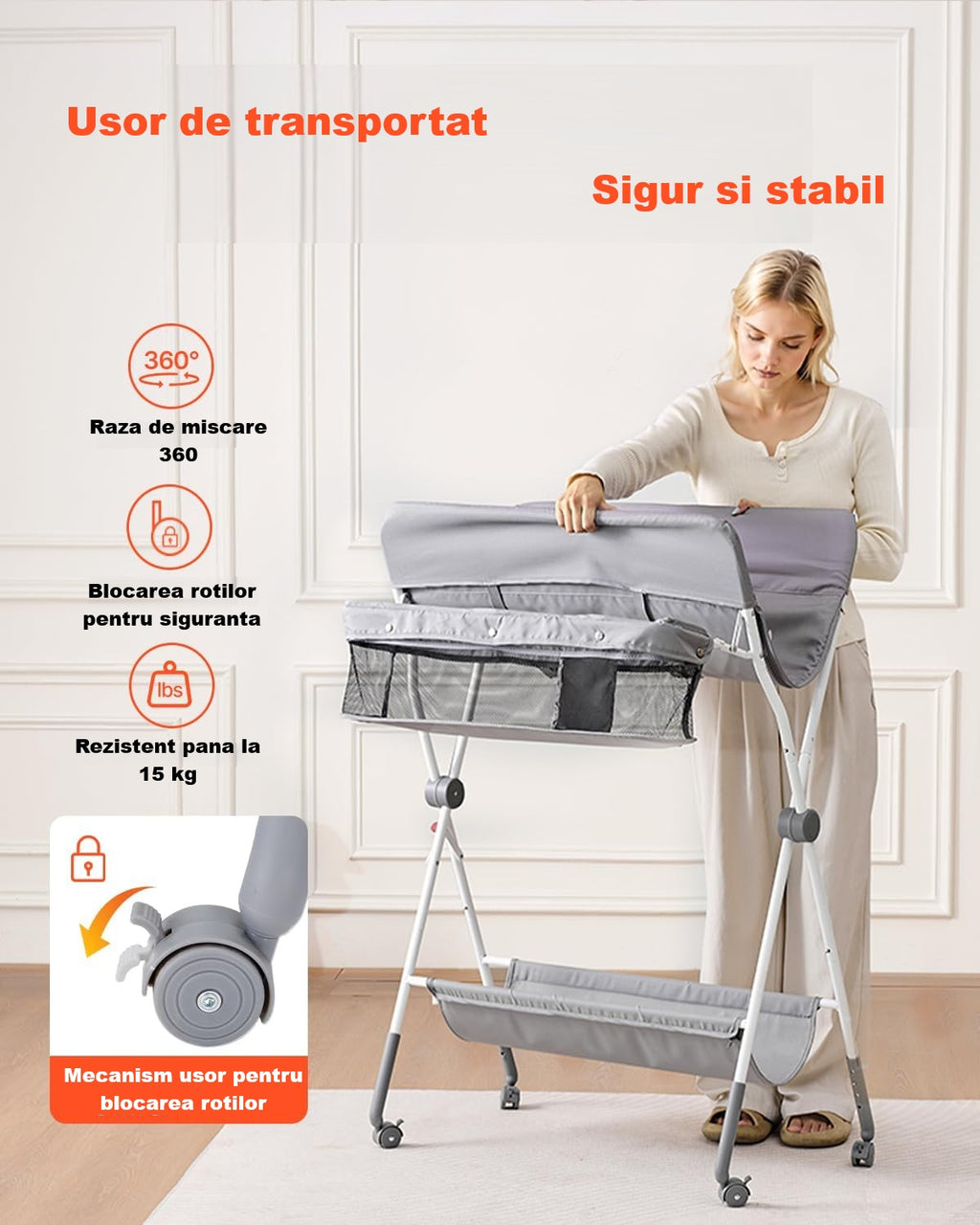 Masă de infășat ergonomica pentru bebeluși cu raft depozitare, organizator pentru scutece si suport pentru hăinuțe