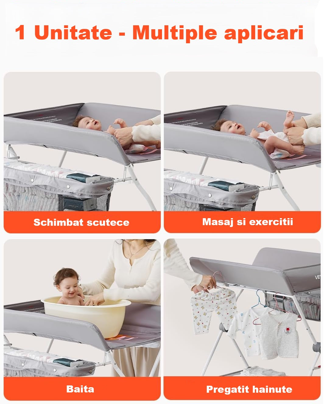 Masă de infășat ergonomica pentru bebeluși cu raft depozitare, organizator pentru scutece si suport pentru hăinuțe