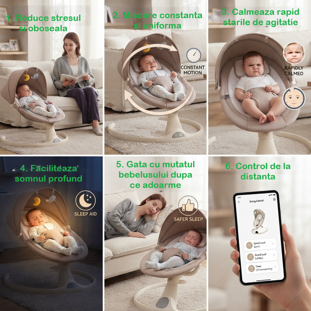 Balansoar electric ergonomic pentru bebeluși cu legănare automată | Telecomandă, Bluetooth, Copertină, Temporizator și Centură de Siguranță