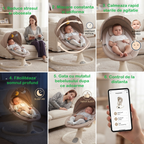 Balansoar electric ergonomic pentru bebeluși cu legănare automată | Telecomandă, Bluetooth, Copertină, Temporizator și Centură de Siguranță