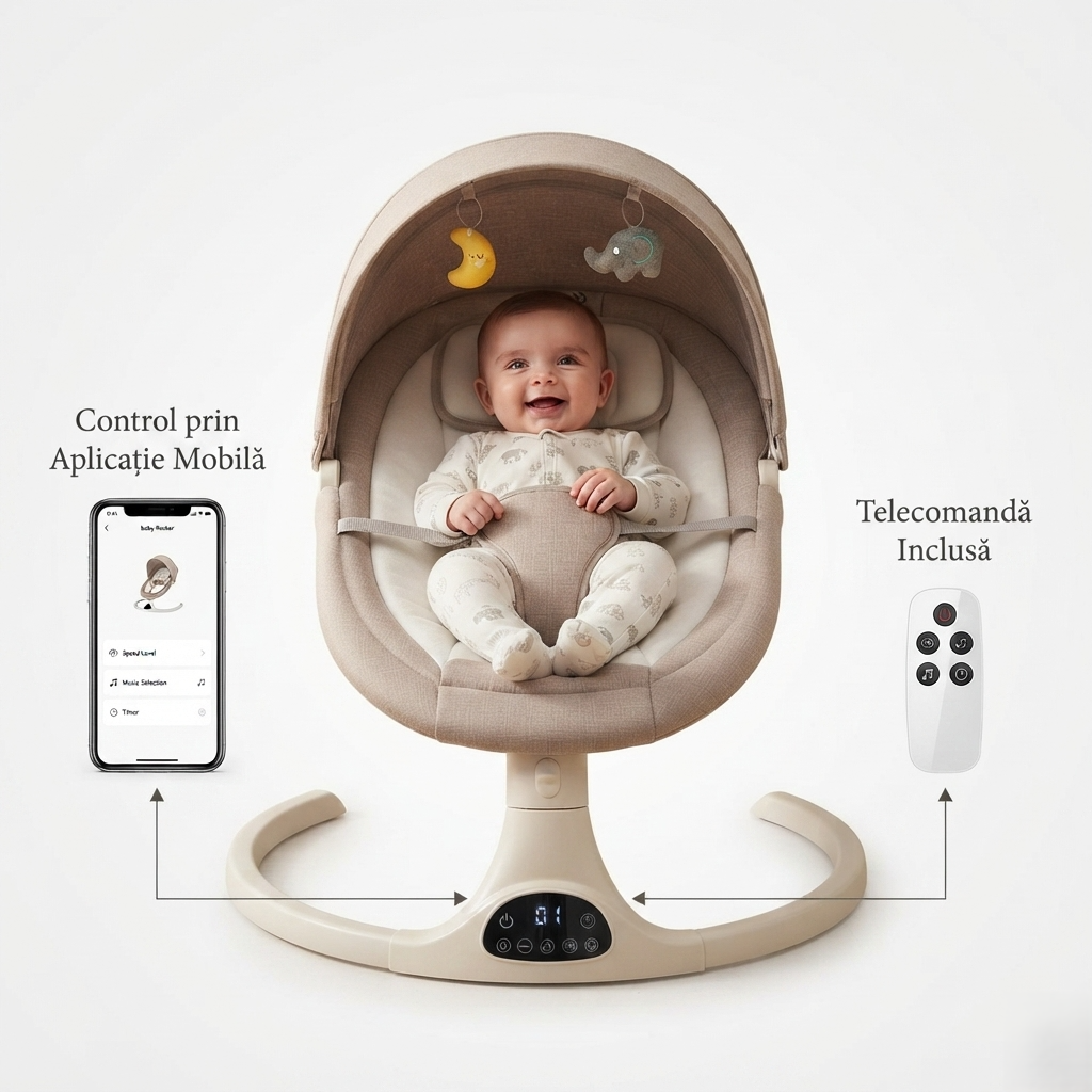 Balansoar electric ergonomic pentru bebeluși cu legănare automată | Telecomandă, Bluetooth, Copertină, Temporizator și Centură de Siguranță