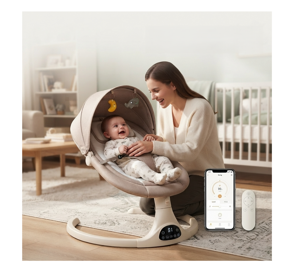 Balansoar electric ergonomic pentru bebeluși cu legănare automată | Telecomandă, Bluetooth, Copertină, Temporizator și Centură de Siguranță