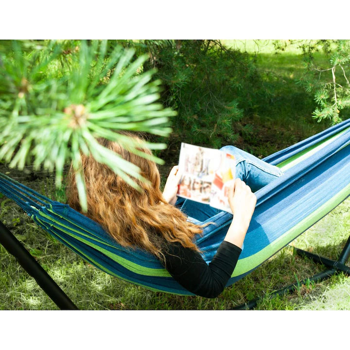 Hamac pentru gradina din bumbac cu suport metalic, 200x150 cm
